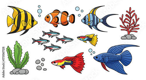 Delightful assemblage of vibrant tropical fish species amidst a tranquil underwater ecosystem illustration