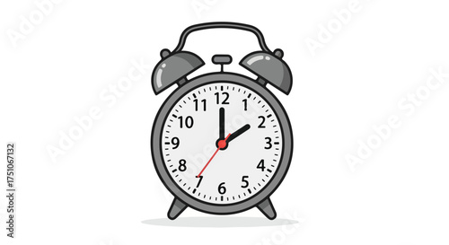 Illustration of a classic twin bell alarm clock showing the time two o'clock isolated on a white background with thin black stroke