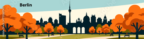 Berlin city skyline illustration with autumn trees on solid light background