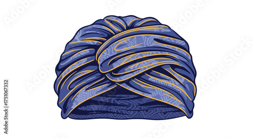 Detailed illustration of an elegant, pleated turban with decorative pattern, showcasing cultural textile craftsmanship and headwear adornment on