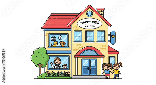 Charming cartoon illustration of a cheerful kids clinic exterior on a sunny day perfect for child-themed designs or promotional materials