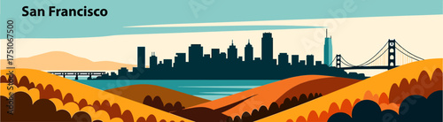 San Francisco cityscape illustration in retro style with warm colors and solid background