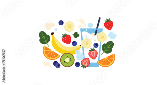 Colorful fruit smoothie illustration featuring banana, strawberry, orange, and kiwi in a vibrant and playful design, promoting wellness and healthy