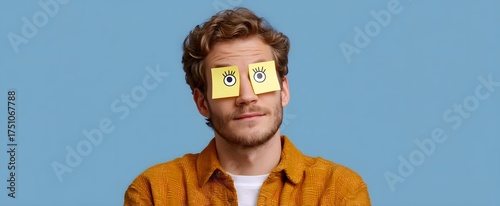 A man’s playful spirit shines as sticky notes with cartoon eyes cover his eyes.