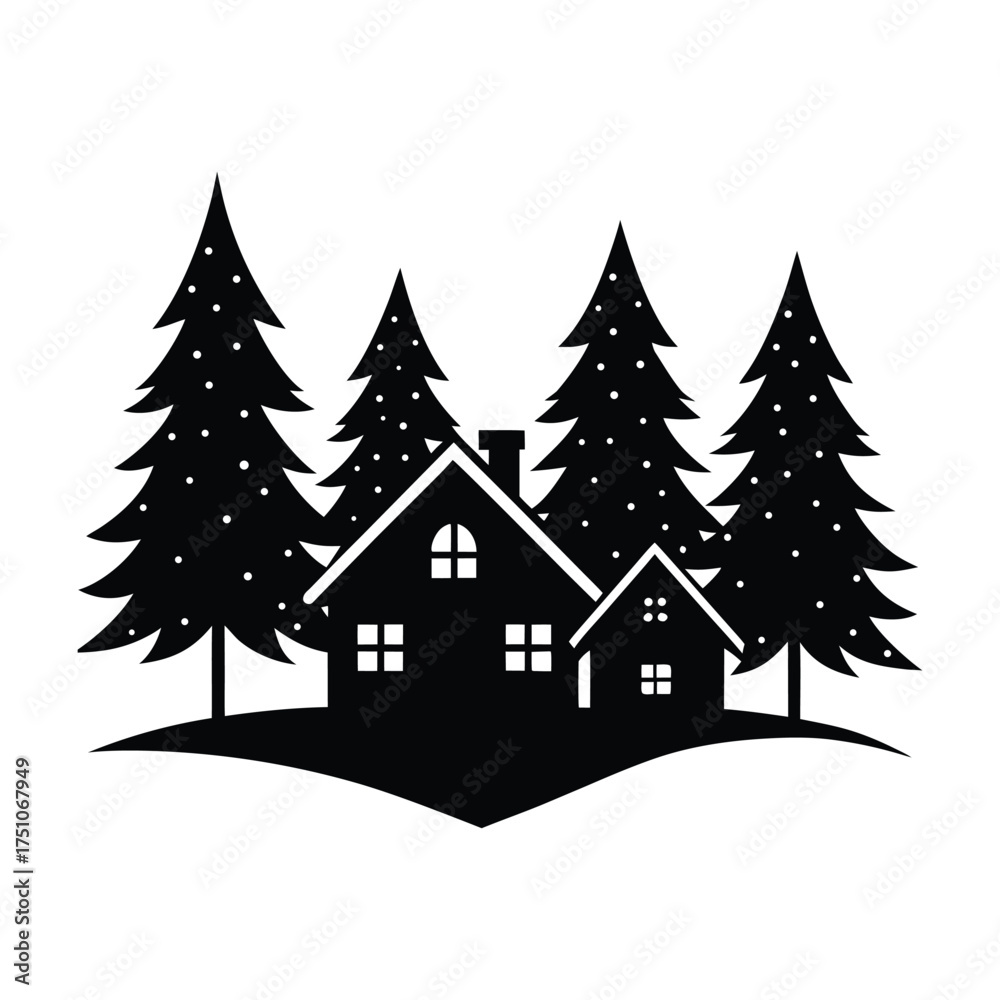 Obraz premium Winter village houses with pine trees and snow silhouette on white background