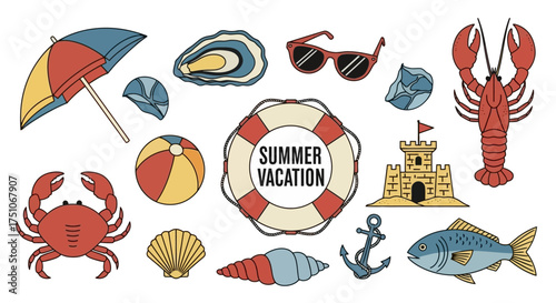 A vintage-style vector illustration of seafood and summer vacation themes, white background