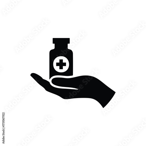 Hand offering medicine bottle icon medical healthcare concept