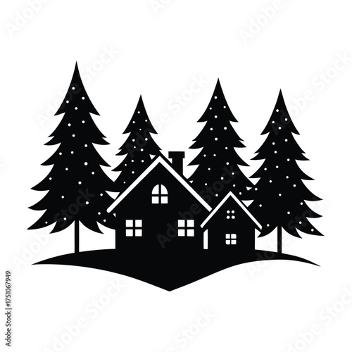 Winter village houses with pine trees and snow silhouette on white background