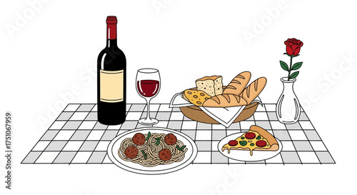 A hand-drawn vector illustration depicting a classic Italian lunch scene, white background