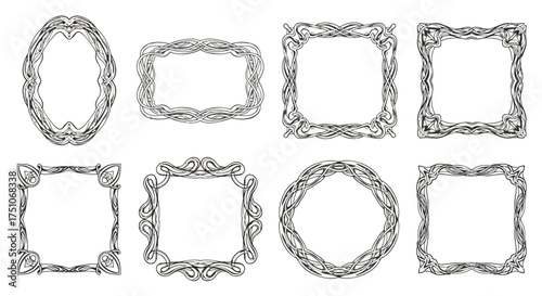 A vector illustration set of eight hand-drawn style decorative frames, white background