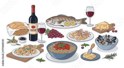Elegant vector illustration of an Italian feast featuring pasta, seafood, wine, and cheese, white background