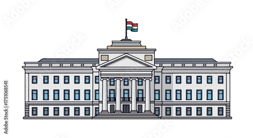 Illustrative rendition of a governmental building showcasing architectural elements and a national flag, evoking concepts of governance and heritage