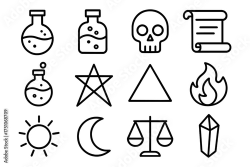 Alchemy icons set: potions, symbols, and mystical elements in linear style
