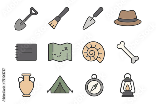 Archaeology and adventure icons set: tools, artifacts, and exploration gear