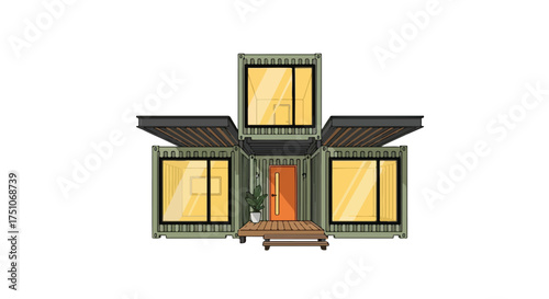 Illustrative design of a modern modular container home showcasing sustainable architectural innovation and creative reuse of shipping containers