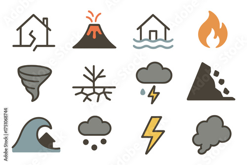 Natural disaster icons set featuring volcano, flood, tornado, and earthquake symbols
