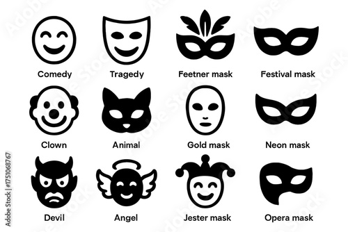 Icon set of theater and festival masks in bold silhouette style