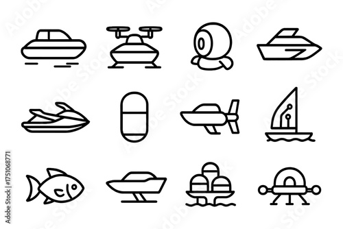 Minimalist icon set of watercraft and drone technology in linear style
