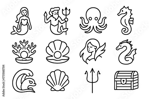 Underwater mythical creatures and treasures linear icons set