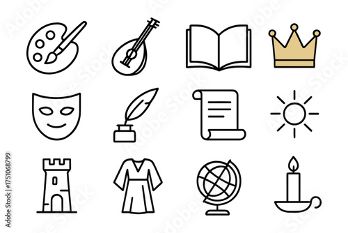 Creative icons set: art tools, musical instruments, and cultural symbols in linear design