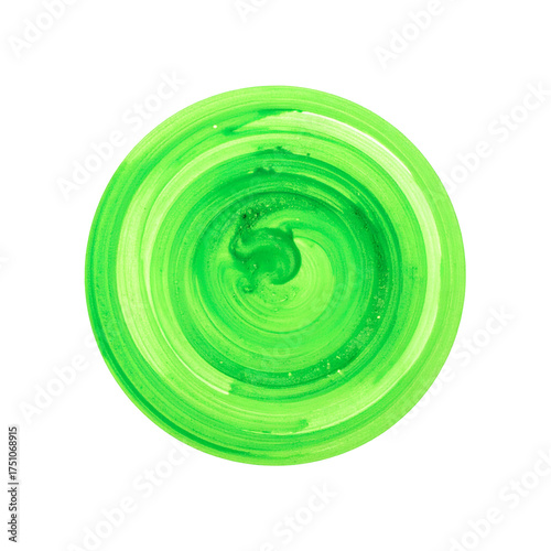 Bright green swirl of paint on black background, circular pattern, fluid art