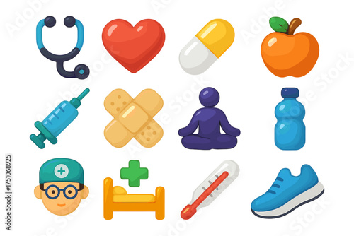 Health and wellness icons: fitness, medicine, nutrition, and relaxation in colorful flat style