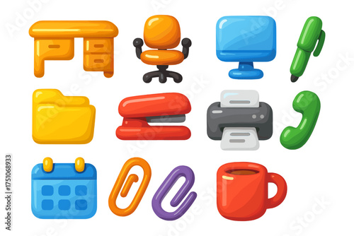 Colorful office supplies set with modern 3d design for workplace creativity