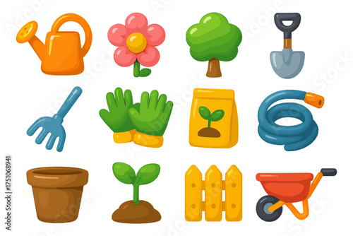 Colorful gardening icons set: tools, plants, and equipment for spring and summer