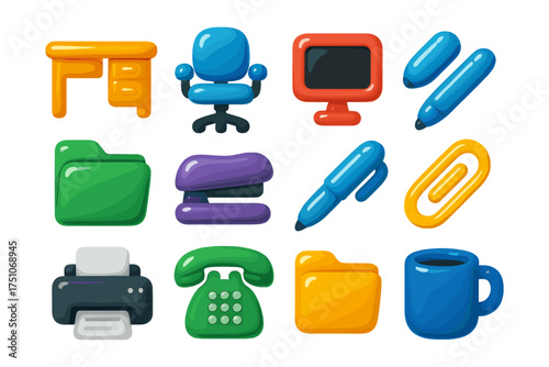 Colorful office supplies collection with 3d glossy design for creative workspaces