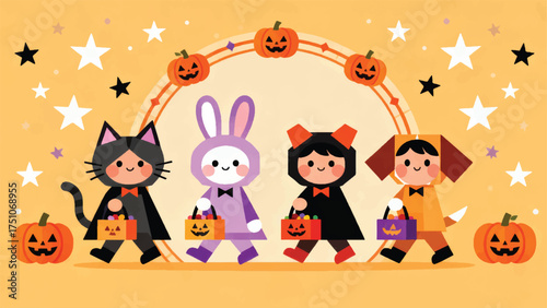 Illustration Of Children Wearing Animal Costumes Going Trick Or Treating, Kawaii Style Vector Design Template