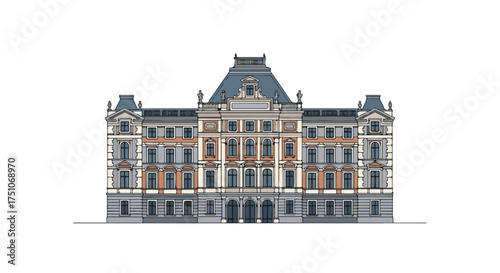 Detailed architectural illustration of a grand european building with intricate façade design