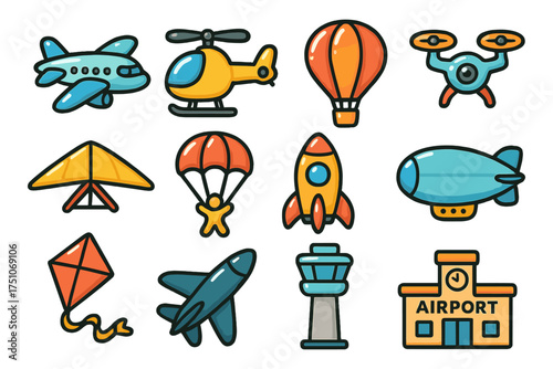 Colorful cartoon aircraft icons collection for transportation designs