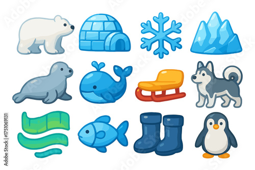 Cute winter icons featuring polar animals and arctic elements