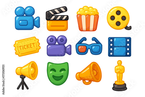 Colorful cinema icons set featuring movie camera, popcorn, and award