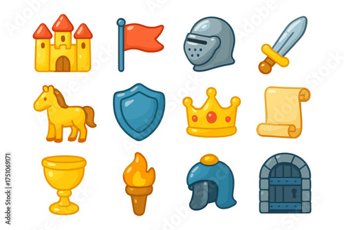 Medieval cartoon icons: castle, armor, crown, and more