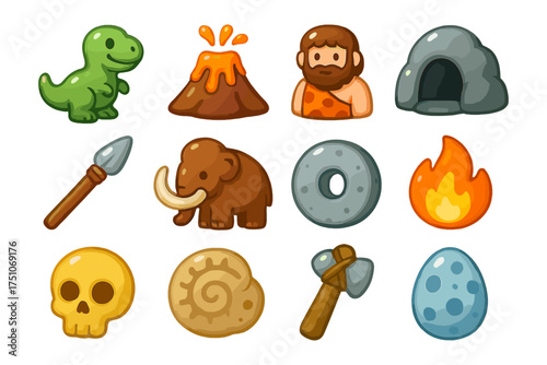 Cartoon prehistoric icons set with dinosaur, caveman, and stone age symbols