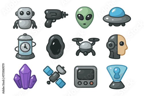 Futuristic sci-fi icons featuring robots, aliens, and space technology