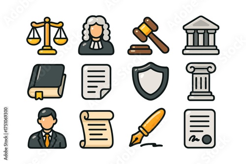 Legal icons set featuring judge, gavel, scales, courthouse, and documents in colorful flat design