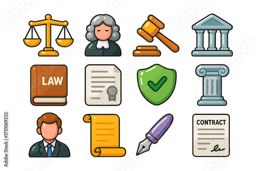 Legal icons: judge, gavel, court, law book, contract, and more