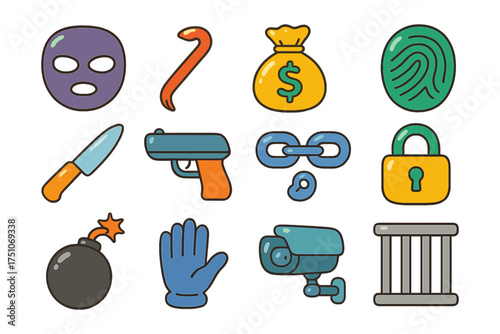 Crime and security icon set featuring mask, lock, and surveillance camera