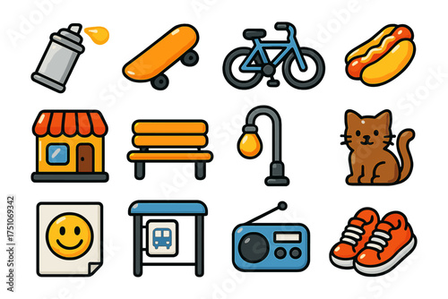 Colorful urban lifestyle icons: skateboard, bicycle, hot dog, and more