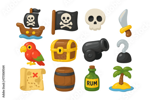 Pirate adventure icons set with treasure chest, ship, and skull