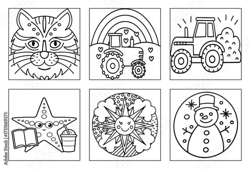 Coloring Book Page Cute Cat Face Outline Whiskers Feline Animal Character Simple Line Art Illustration Kids Activity Sheet Black and White Drawing