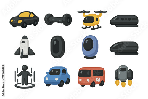 Modern transport and technology: futuristic vehicles and innovations in flat design