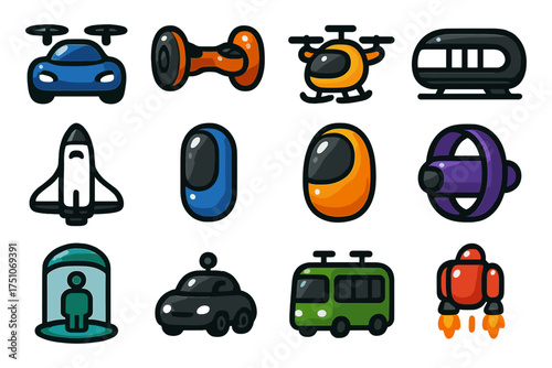 Futuristic transportation icons set featuring hoverboards and rocket backpacks