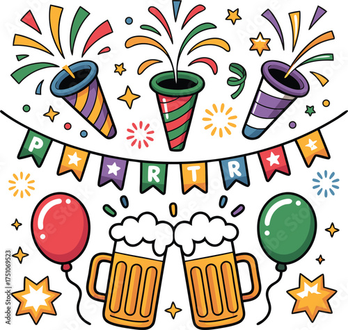 Colorful Hand-Drawn Celebration Elements for Party Invitation.
