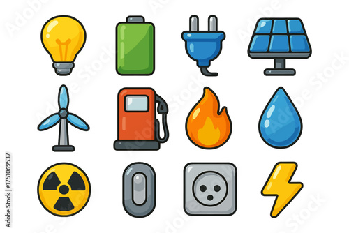 Colorful energy icons collection: renewable and traditional power sources