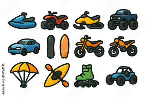 Adventure vehicles and equipment icons with bold outlines for outdoor and sports activities