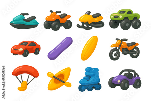Colorful cartoon vehicles and sports equipment set for kids' activities