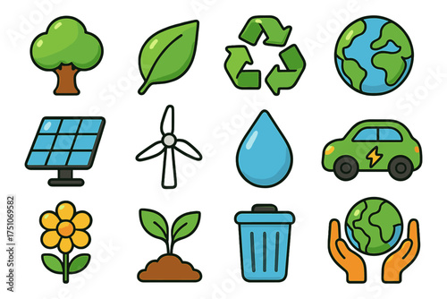 Eco-friendly icons set: renewable energy, sustainability, and environmental conservation